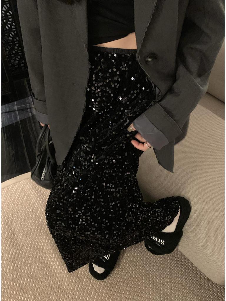 2026 Early Spring/Autumn Korean Velvet Sequin Midi Skirt