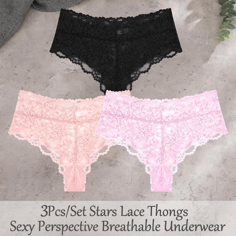 FINETOO 3Pcs Sexy Lace Star Perspective Thongs Panties Women High Waist Breathable Underwear Female Soft Intimates Lingerie 2026