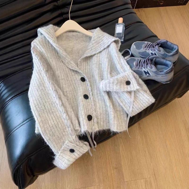 

Gray Navy Neck Long Sleeve Knitted Sweater Cardigan Jacket Women s Top New one size fits all світло-сірого кольору