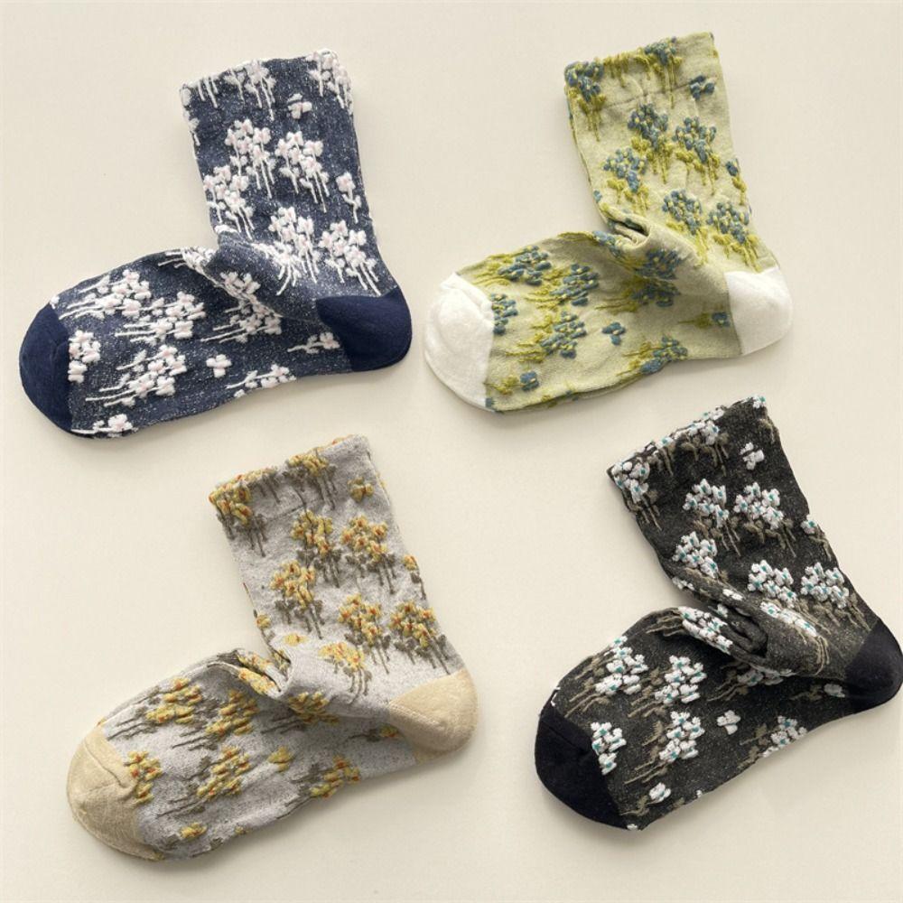 5Pairs Breathable Mid Tube Socks Patchwork Retro Socks Comfortable Floral Short Socks  Spring