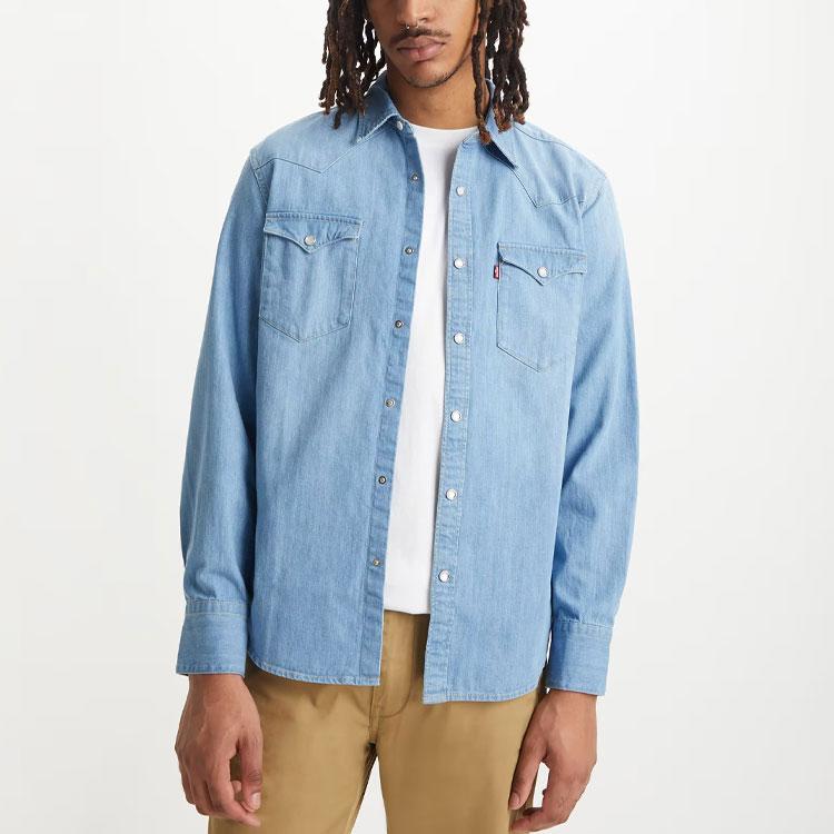 Levis Solid Color Pointed Collar Single-Breasted Long Sleeve Shirt Men Tops Light-Blue 85744-0047