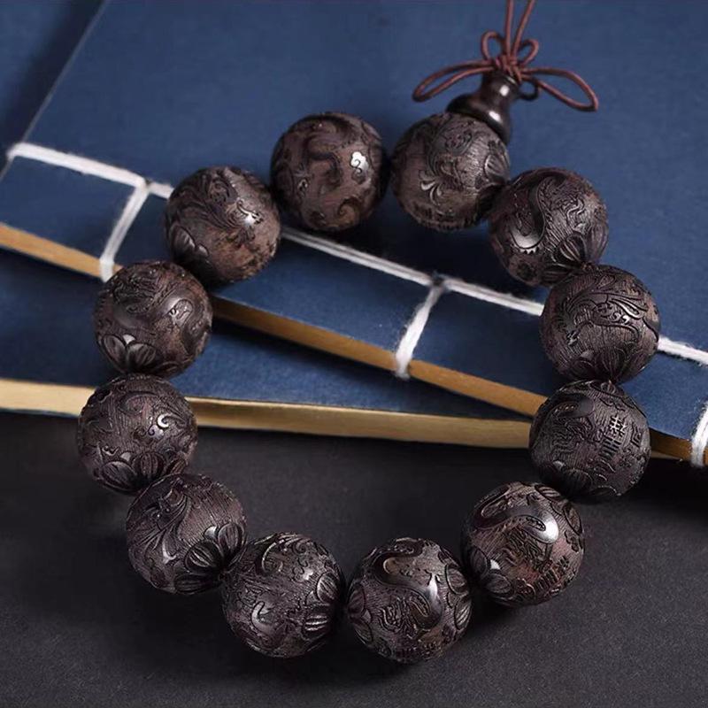 Ebony Purple Sandalwood Laser Engraved Buddhist Beads with Auspicious Clouds and Namo Amitabha Buddha Design Bracelet