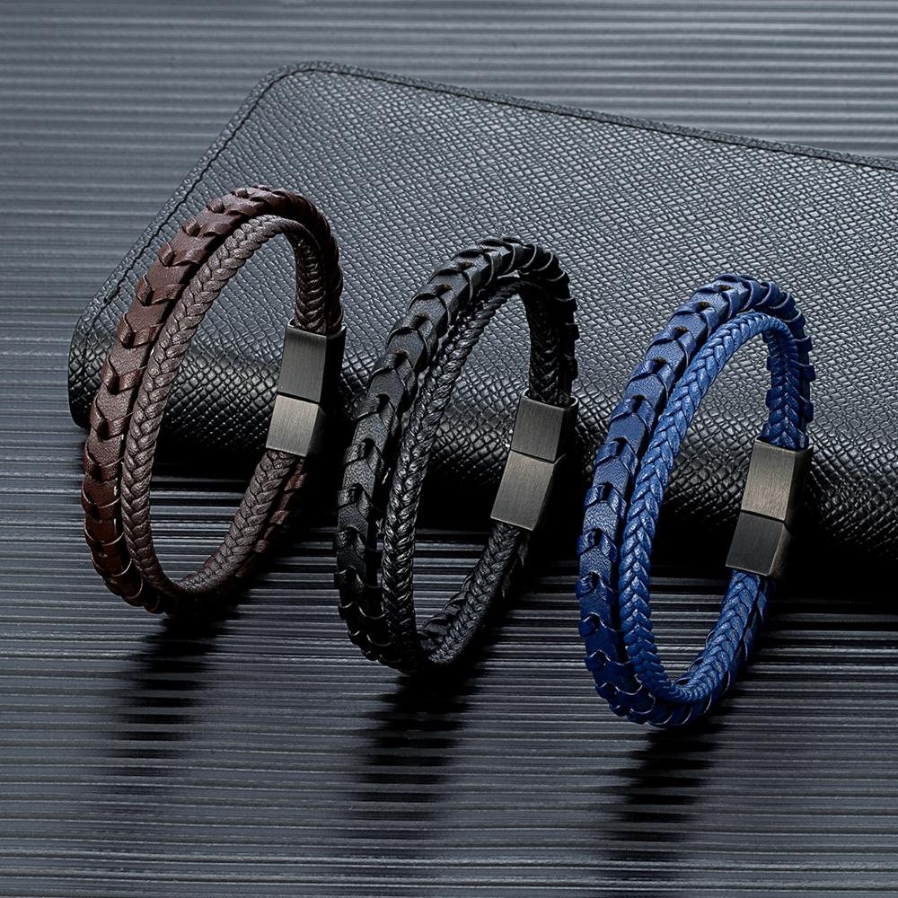 Leather Bracelet For Men Genuine Wrap Braided Leather Cuff Bangle Bracelet with Magnetic Stainless Steel Clasp For Women