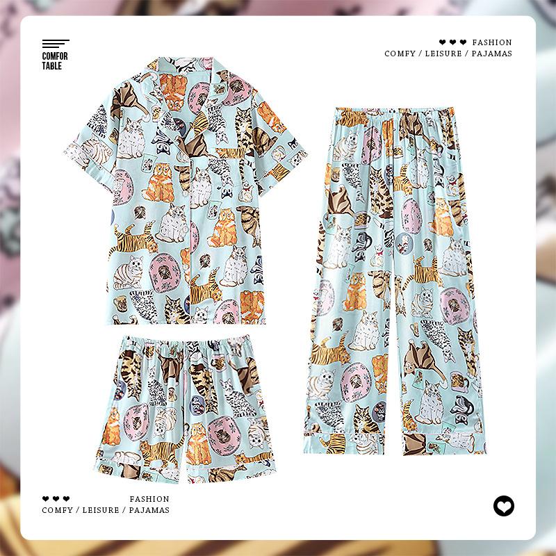 Ice Silk Pajamas For Women Zhao Ruth, The Same Cute Cat Fashion Short-Sleeved Loungewear Three-Piece Set