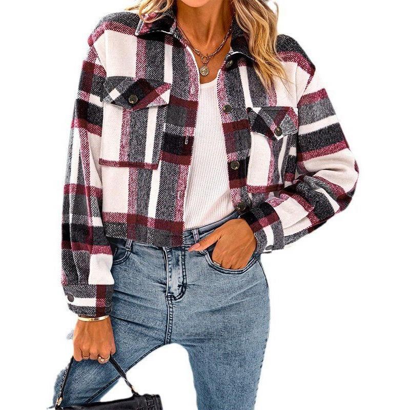 Autumn and Winter Women's Plaid Shirt Lapel Pocket Fashion Casual Short Plaid Jacket