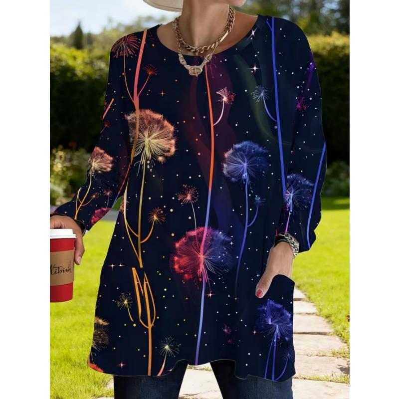 Women's long-sleeved round-neck T-shirt, suitable for spring, autumn and winter seasons. It has pockets and print designs. machine washable.