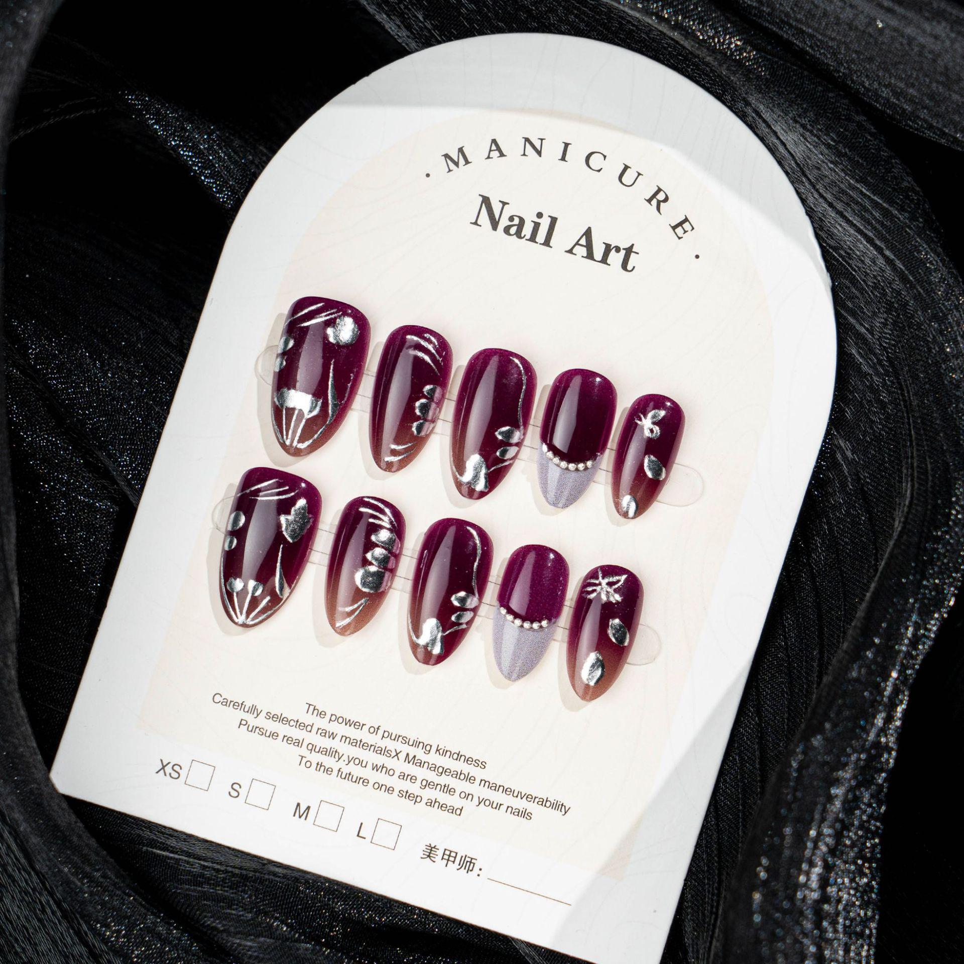 30-Piece Purple Gold Foil Flower Almond Nail Art with Rhinestones - High-Grade Gray French Style Wearable Nails