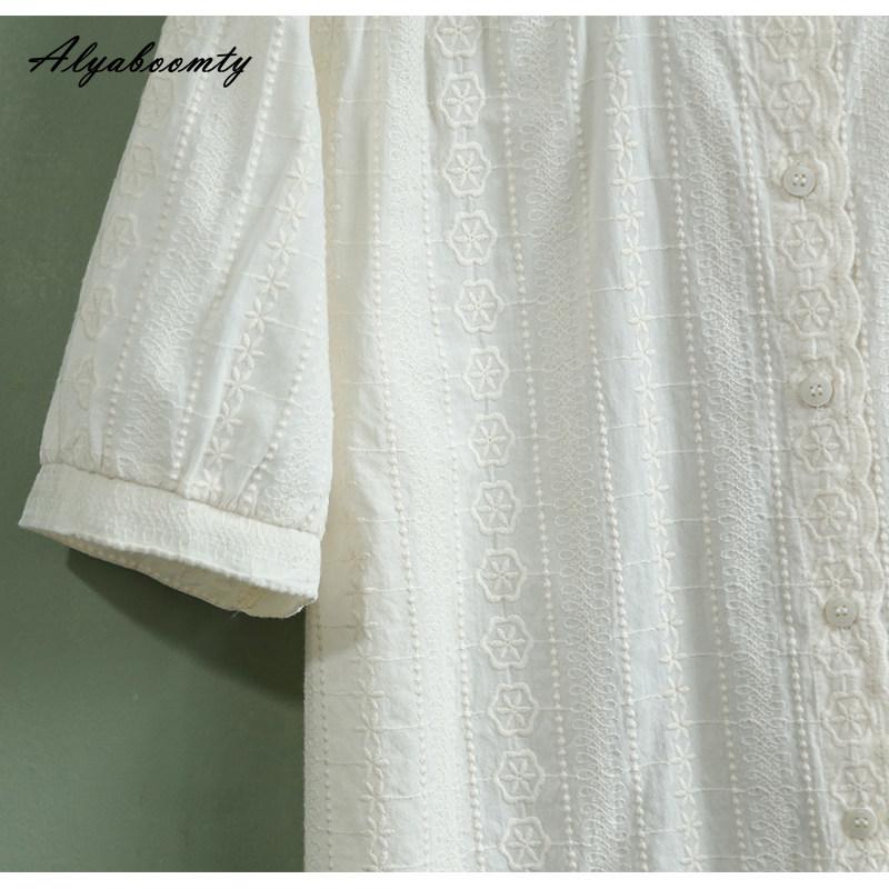 Korean Style Summer Women Sweet Blouse O Neck Embroidery Cotton Shirt White Beige Black Short Sleeve Solid Elegant Ladies' Blouse