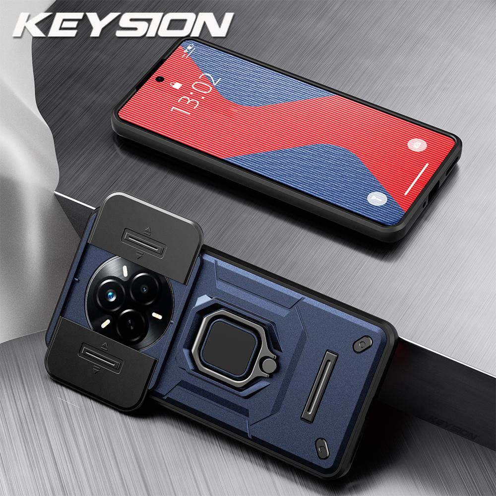 KEYSION Stoßfeste Hülle für Realme 14 Pro+5G Schiebekamera-Schutz Metallring-Ständer Handy-Rückabdeckung für OPPO Realme 14 Pro 5G