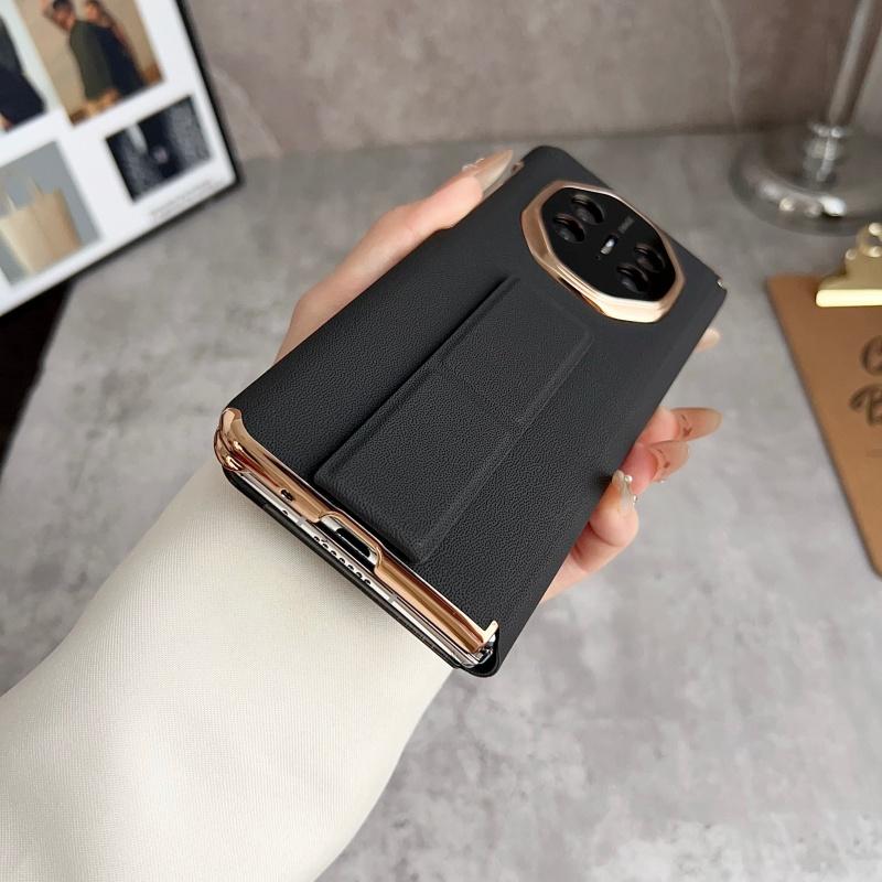 For Huawei Mate X6 and X5 Case Luxury Leather Dual Hinge Protection Finger Grip Strap Track Stand Case Cover