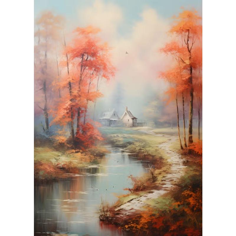 Abstract Oil Painting on Canvas Print Landscape Autumn Forest The River Canvas Posters Wall Art Picture Living Room Decoration