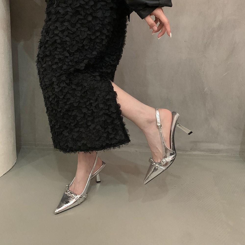 Premium niche pointed high heels silver sandals women's shoes summer bag head cool slippers with skirt single shoes