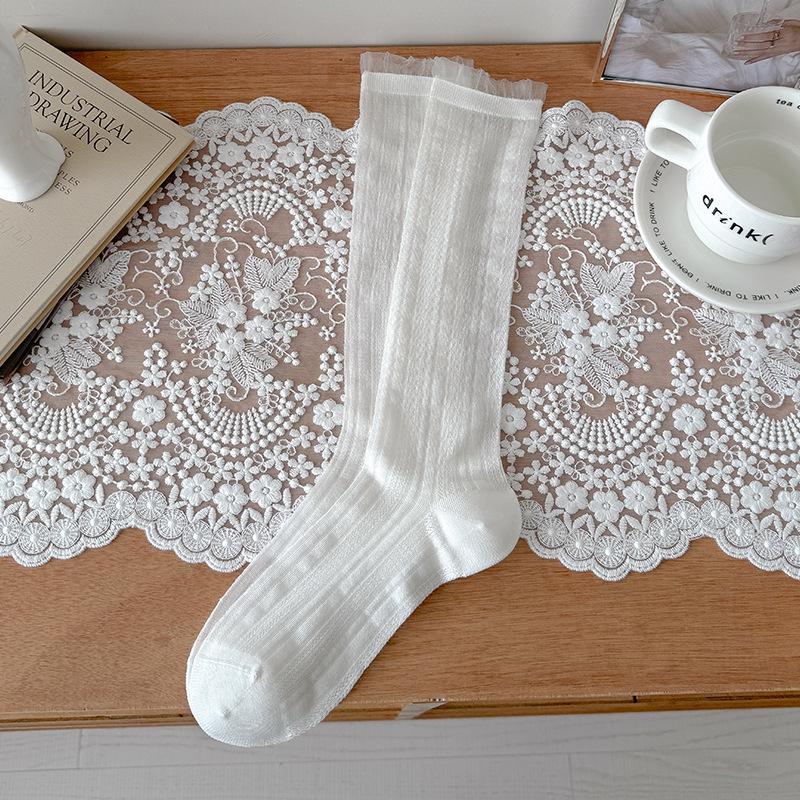 Cheemy Women s Breathable Mesh Ruffle Calf Socks - Korean Style Silk, Ballet Spring/Summer Design, Seamless. One Size (Women s 35-39) белый