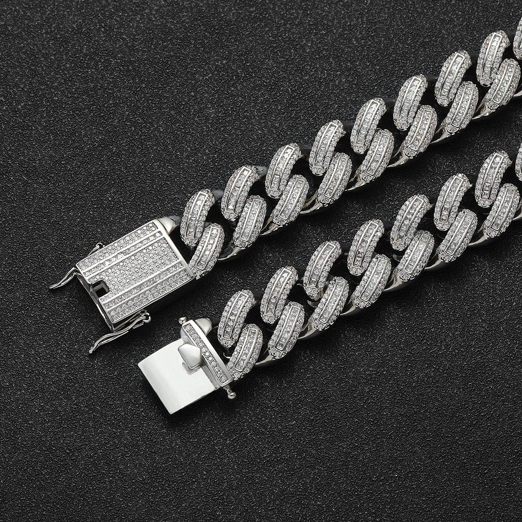 Hip Hop Mens Necklace 18mm Wide Prong Cuban Link Chain 18K Gold Plated Full Baguette Cubic Zirconia Chain