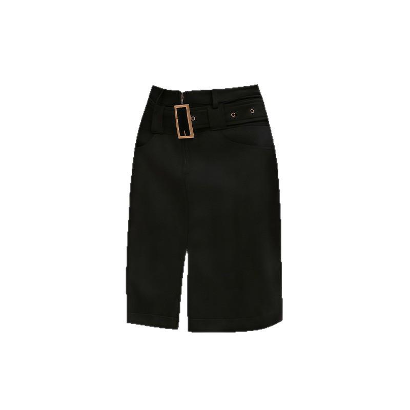 Women s High-Waisted Black Suede Midi Skirt: Hong Kong Style, Autumn/Winter, Slit Design L чёрный