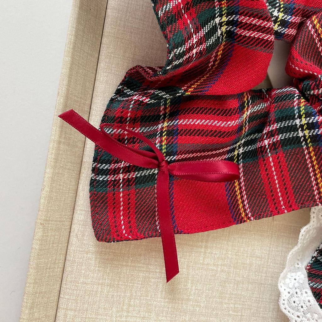 Plaid Christmas Scarf Scrunchie with Lace Edging - Red Women's Hair Tie Accessories
