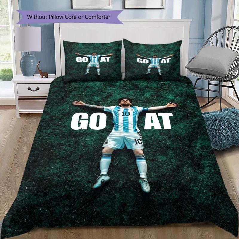 Lionel Messi GOAT Argentina No.10 Green Grass Print 3Pcs Bedding Set Without Pillow Core Washable Microfiber Football Fan Bedroom Duvet Cover Set