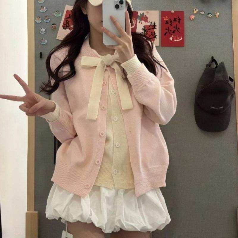 

Контрастный цветной вязаный свитер с имитацией двух частей, осенний новый свитер-кардиган в стиле нежного ветра, женский One size розовый