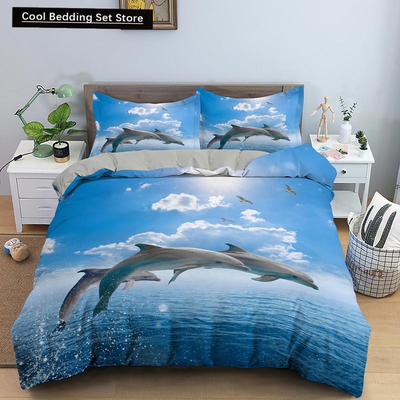 Ocean Dolphin Duvet Cover King Queen Size Cute Dolphin Jumping In The Blue Sea Bedding Set Children 3D Animal Sunset Quilt Cover
