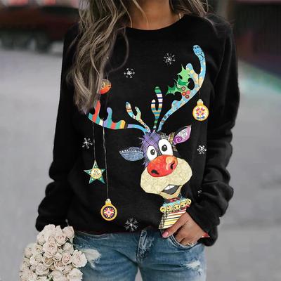 Suéter de Natal Feminino Outono Inverno Gola O Pulôver Solto Manga Longa Estampado Jumpers Quente Malha Suéter Feio Moletom Tops