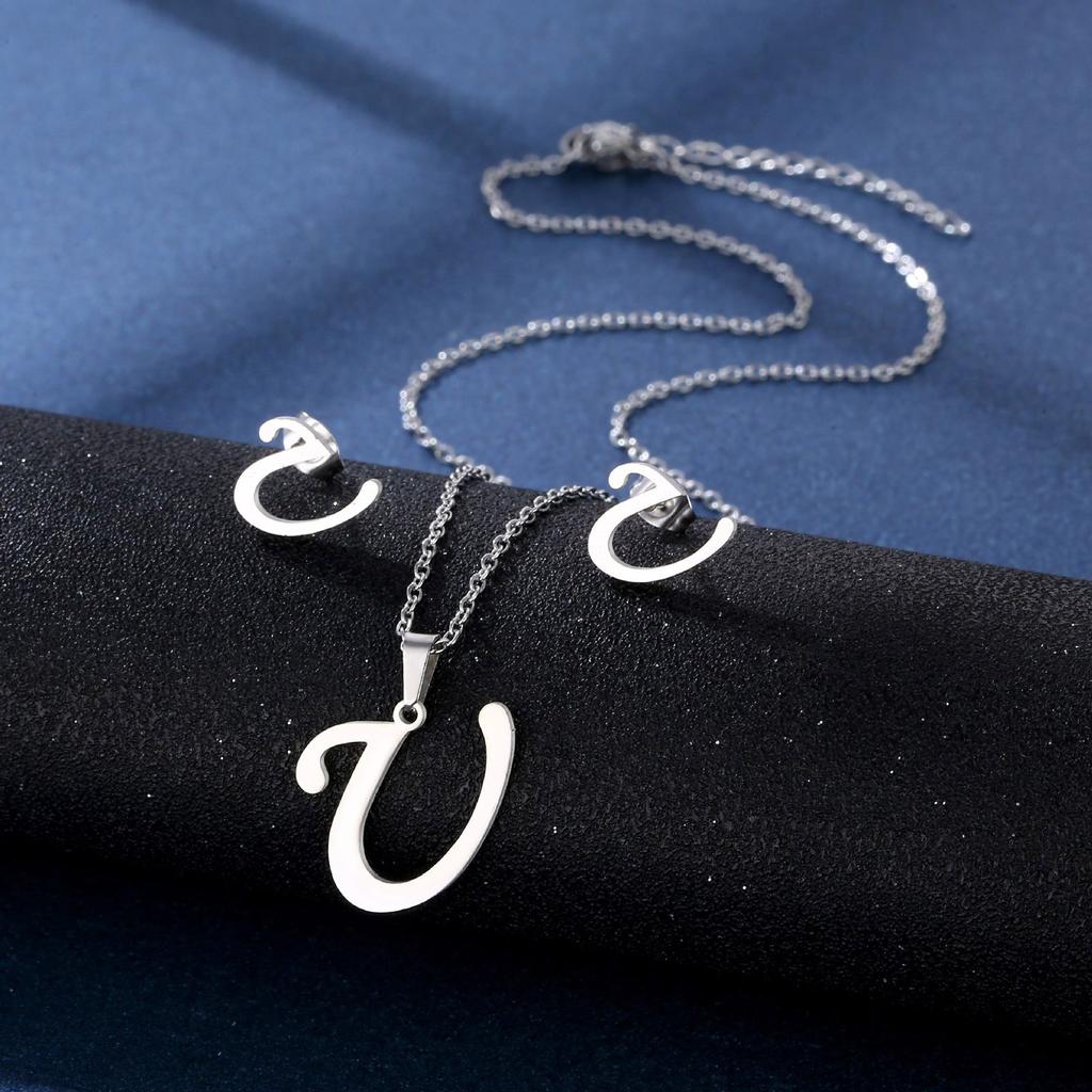 Stainless Steel Letter Pendant Necklace Unisex Jewelry Set Letter Earrings Party Accessory Present for Fashion Lover