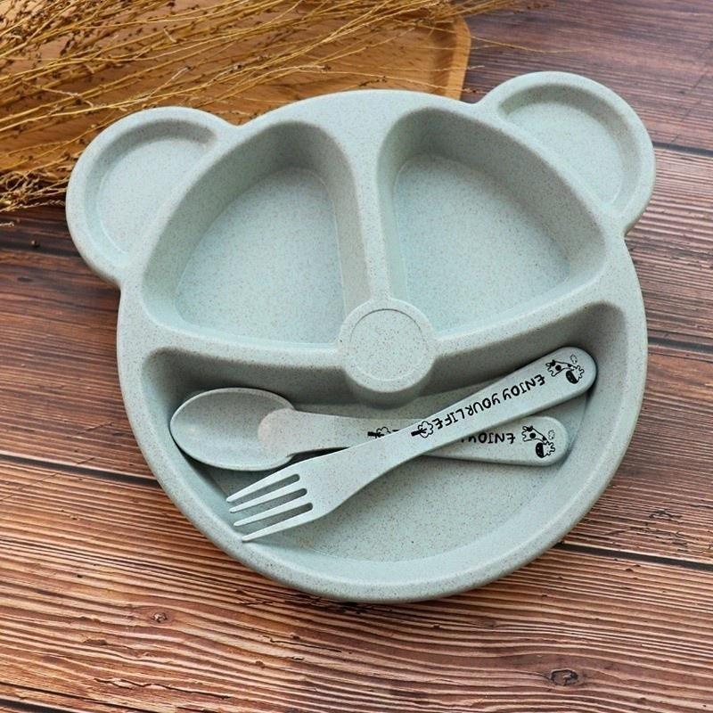 Dinner Plate Wheat Straw Tableware Cartoon Bear Children Dishes Kids Dinner Plate Baby Plate Fork Spoon Baby Eating Anti-hot Training Dinnerware Set