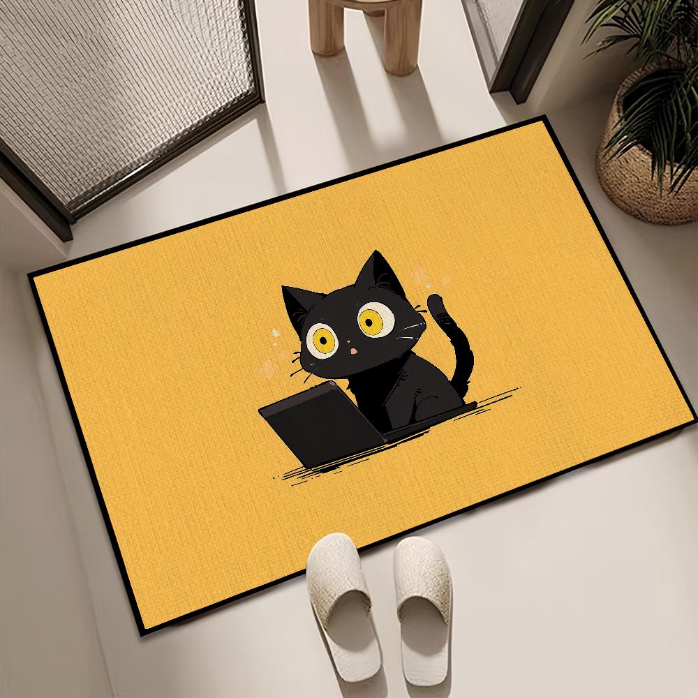 Cute Black Cat Door Mat Welcome Non-slip Floor Bedroom Kitchen Bath Balcony Hallway Rug Home Decoration Carpet