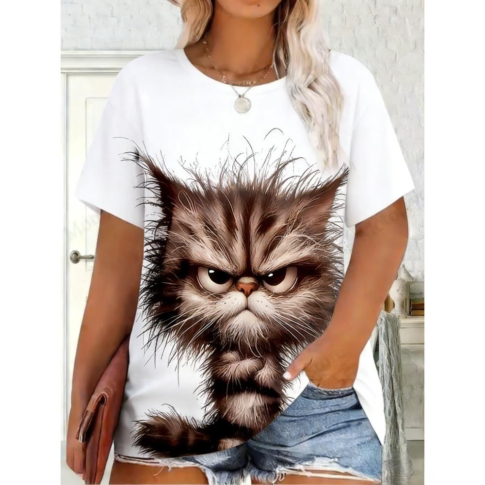 Fashion Cute Cat Pattern Women's T-Shirt Casual Comfortable Animal Printed OverSize Round Neck Short Sleeve T-Shirt