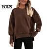 Drop Shoulder Long Sleeve Shirts Women Crew Neck Sweatshirt, Pullover, Loose Top Fit Casual Fall Winter with Side Slit Sweatshirt