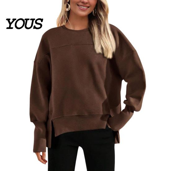 Drop Shoulder Long Sleeve Shirts Women Crew Neck Sweatshirt, Pullover, Loose Top Fit Casual Fall Winter with Side Slit Sweatshirt