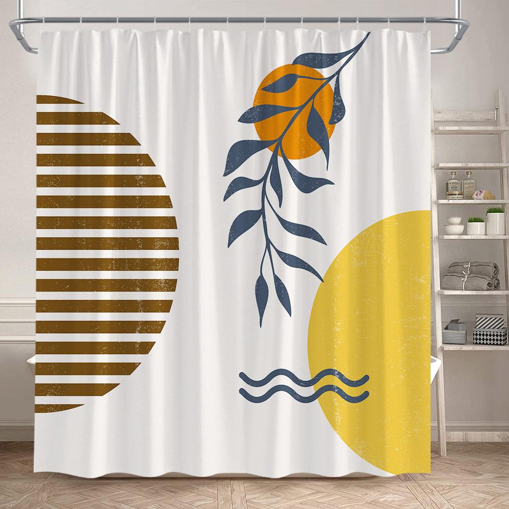 Abstract Mid Century Shower Curtains Green Leaf Modern Geometric Black Lines Aesthetic Art Bathroom Curtain Decor Set With Hooks