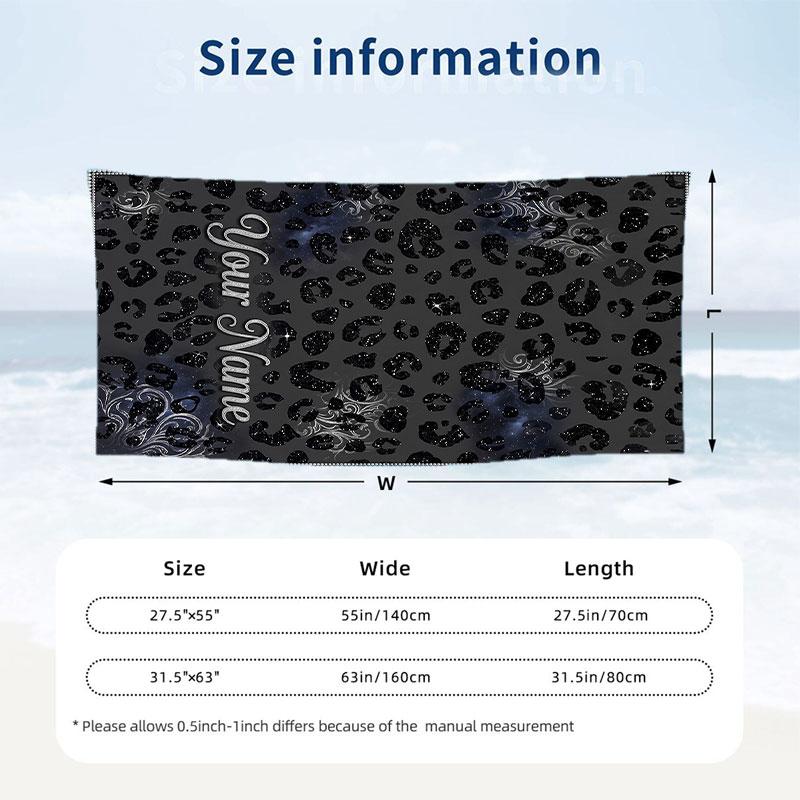Leopard Ornate Frame Theme Quick Dry Beach Towel Custom Name Text Print Large Sand Resistant Towel Beach Vacation