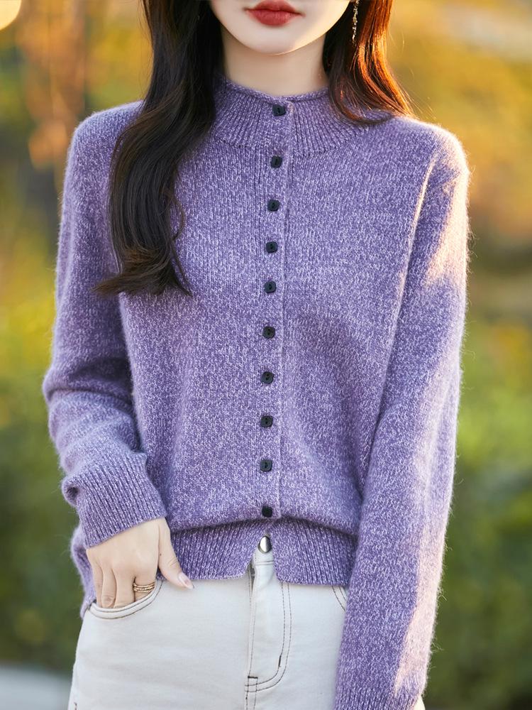 Heathered Wool Long Sleeve Rolled Edge Cardigan Sweater with Semi-High Neck 