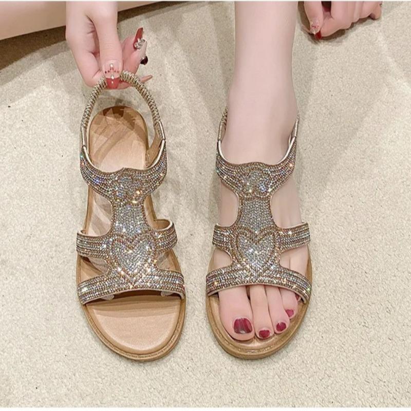 

Bohemian Women s Sandals Comfortable Female Shining Rhinestones Wedge Bottom Shoes New Roman Elastic Ankle Strap Footwears 35 серебряный