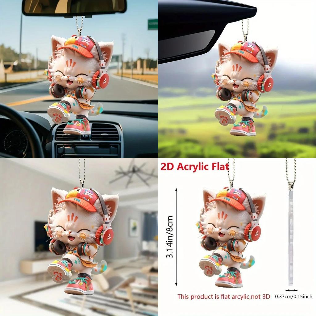 Cute Listening To Music Colorful Cat Pattern, Acrylic Pendant For Fun Vehicle Accessory