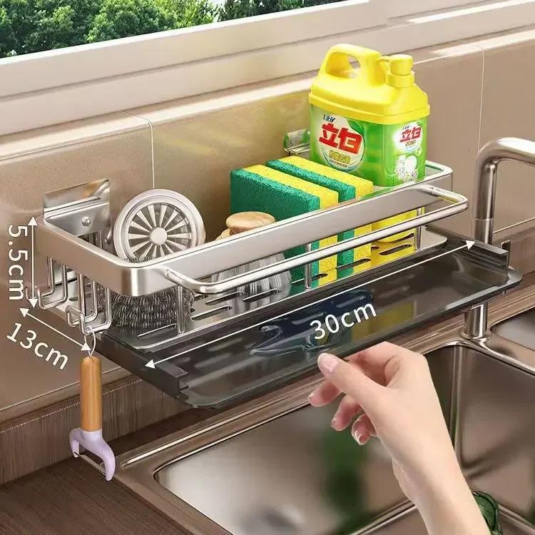 Space Aluminum Wall Mounted Dishcloth Holder, No Drilling Kitchen Sink Organizer with Drainage Rack for Sponges