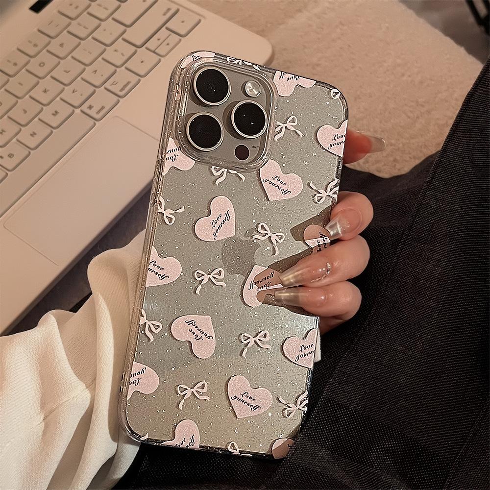 Pink Love Bow Glitter for Apple 15 Promax Mobile Phone Case 16 for Iphone 17 Soft 11 Niche 12 Transparent