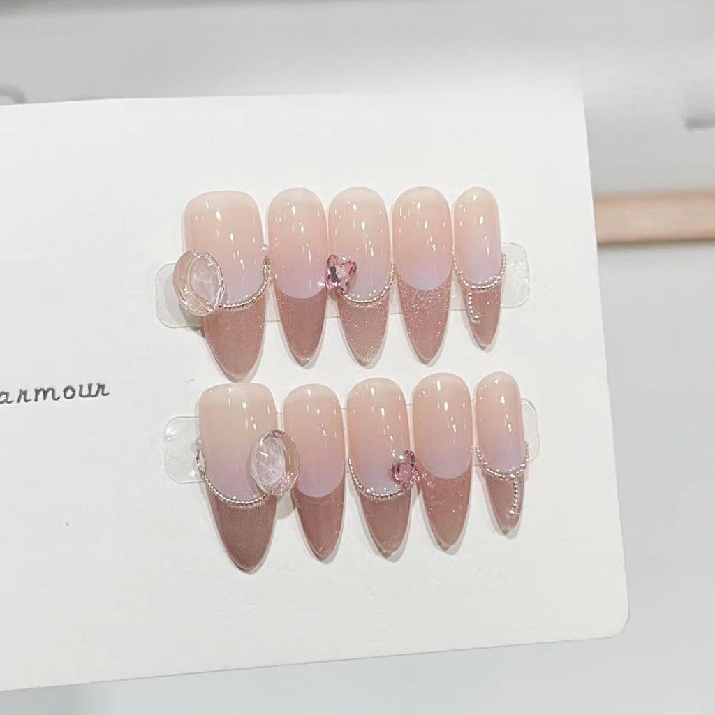 Wearing Armor Handmade High-end Atmosphere Cat Eye French Gradient Sunset Steel Beads Broken Diamond Nail Art Finished Product