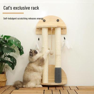 Małe drzewko dla kota z litego drewna ze słupkiem sizalowym do drapania, zabawką do samodzielnej zabawy i deską do ostrzenia pazurów.