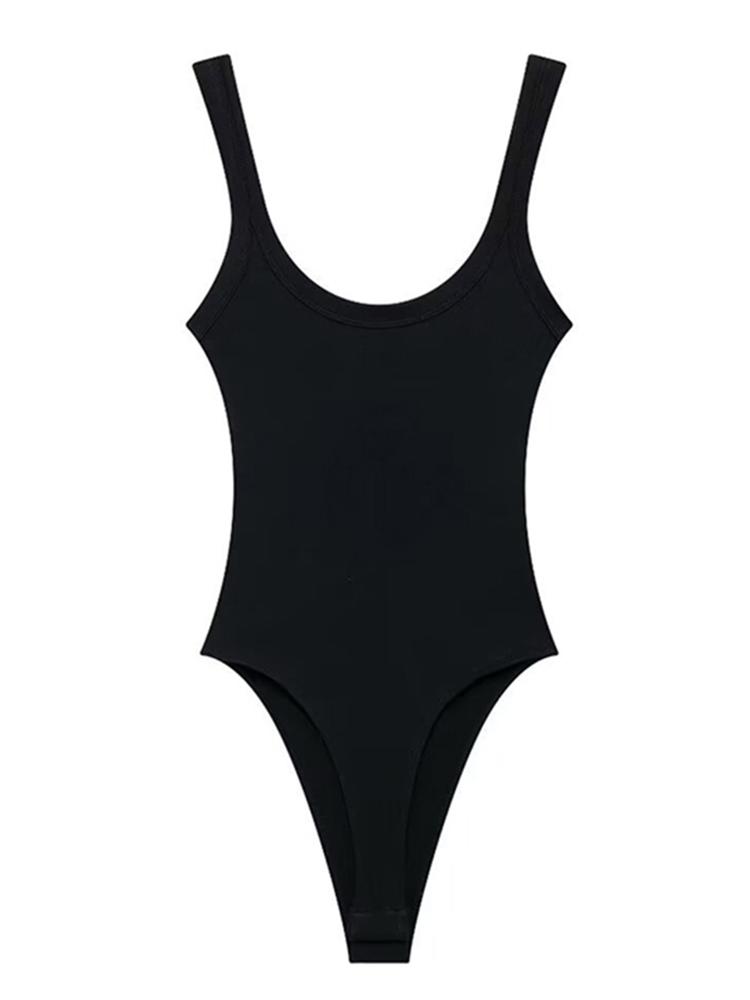 Women's Skinny Ribbed Bodysuits O Neck Straps Snap-Button Sexy Fashion Female Playsuits Comfortable Stretchy Clothing