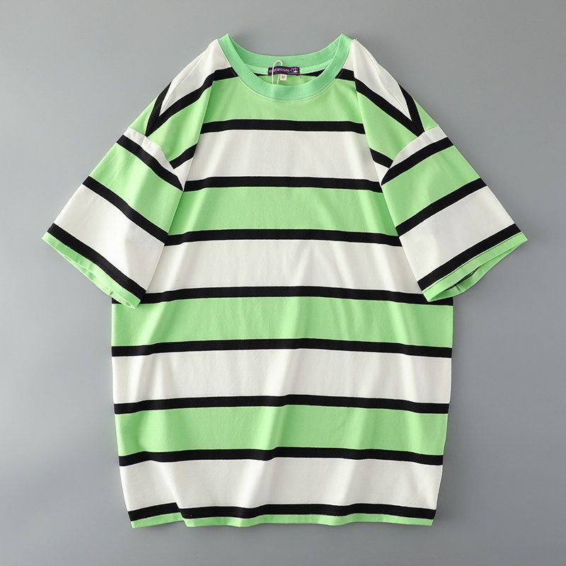 Heavy Retro Cotton Men s Export Short-Sleeved T-shirt Green Wide Strip XL