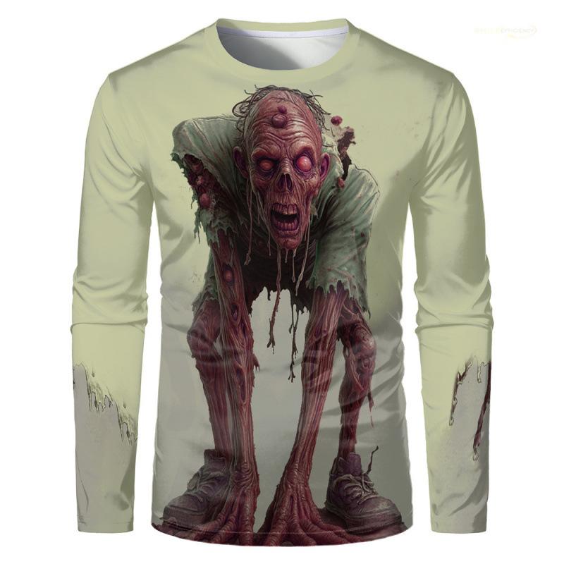Horror Zombie Print Long Sleeve T-Shirt, Perfect for Halloween.