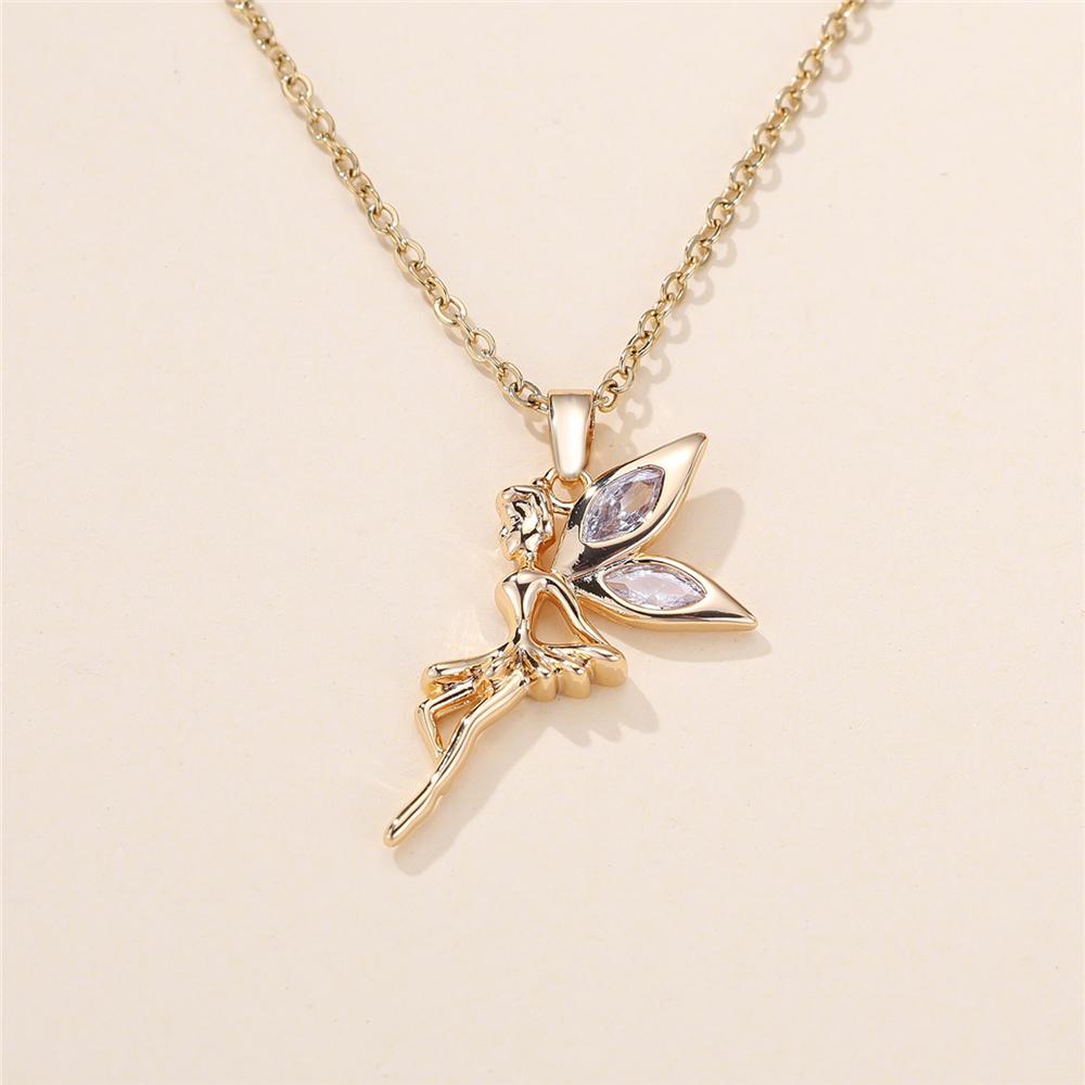 Female White Crystal Angel Pendant Necklace Vintage Gold Color Wedding  For Women