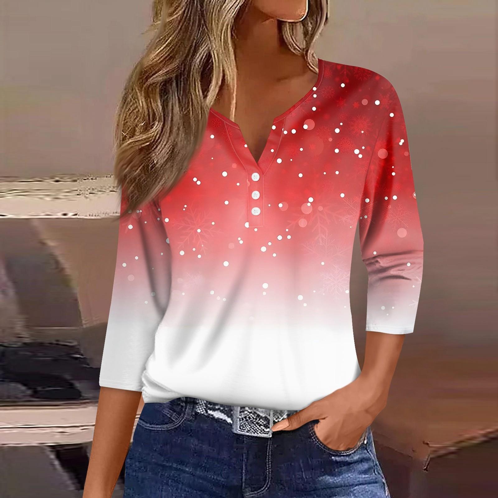 

Женская футболка с рождественским принтом, на пуговицах, рукав 3/4, повседневная мода на выходные, базовый топ с V-образным вырезом XL