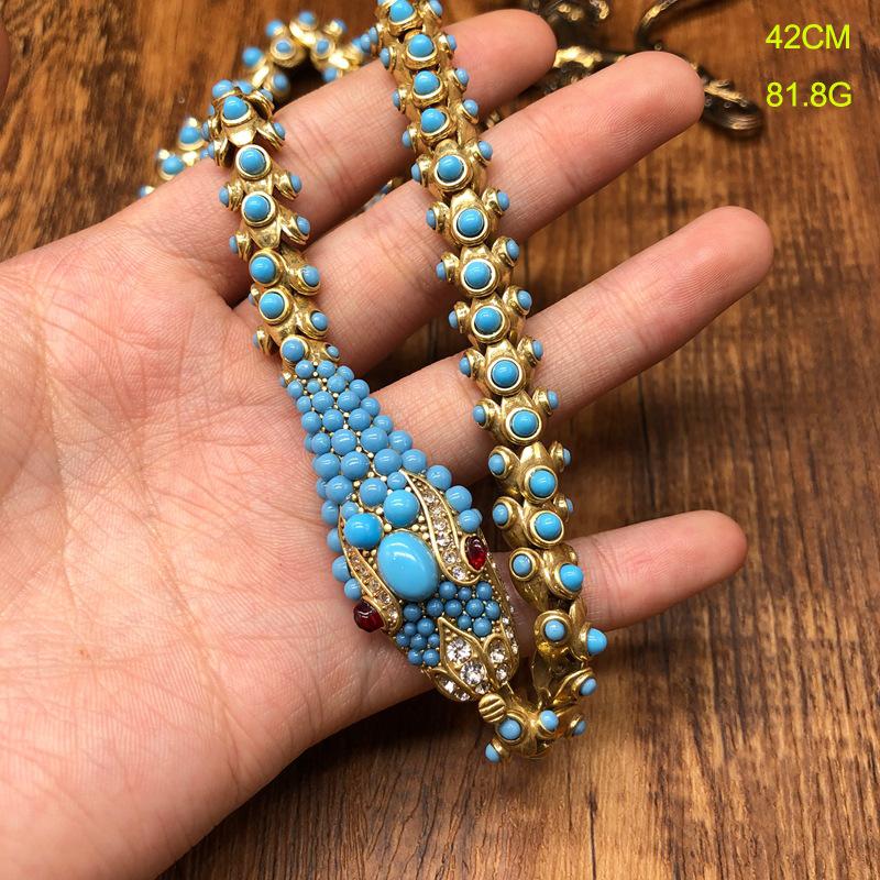 KEQIU Recycled aged gold snake-shaped necklace stud earring ancient-style , turquoise inlaid heavy industry jewelry