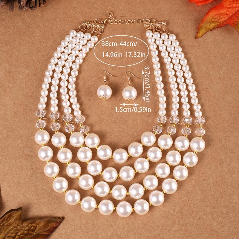 

1 комплект Преувеличенное многослойное круглое ожерелье из бусин и имитации циркона и серьги Наборы с цирконом Эффектное колье-чокер ручной работы белый