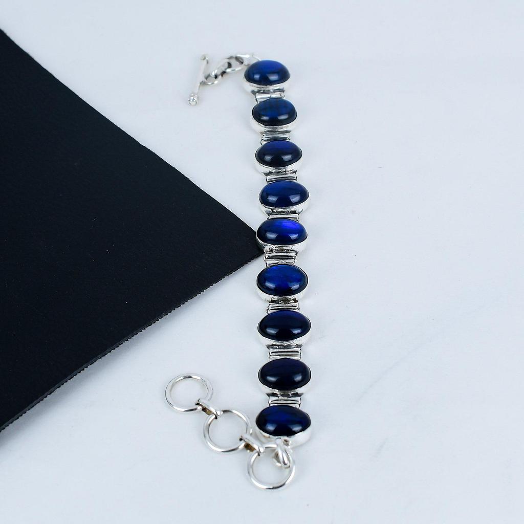 Natural Blue Flash Labradorite Gemstone Handmade 925 Sterling Silver Bracelet, Blue Flash Labradorite Bracelet For Wife , Unisex Bracelet Wadding Gift