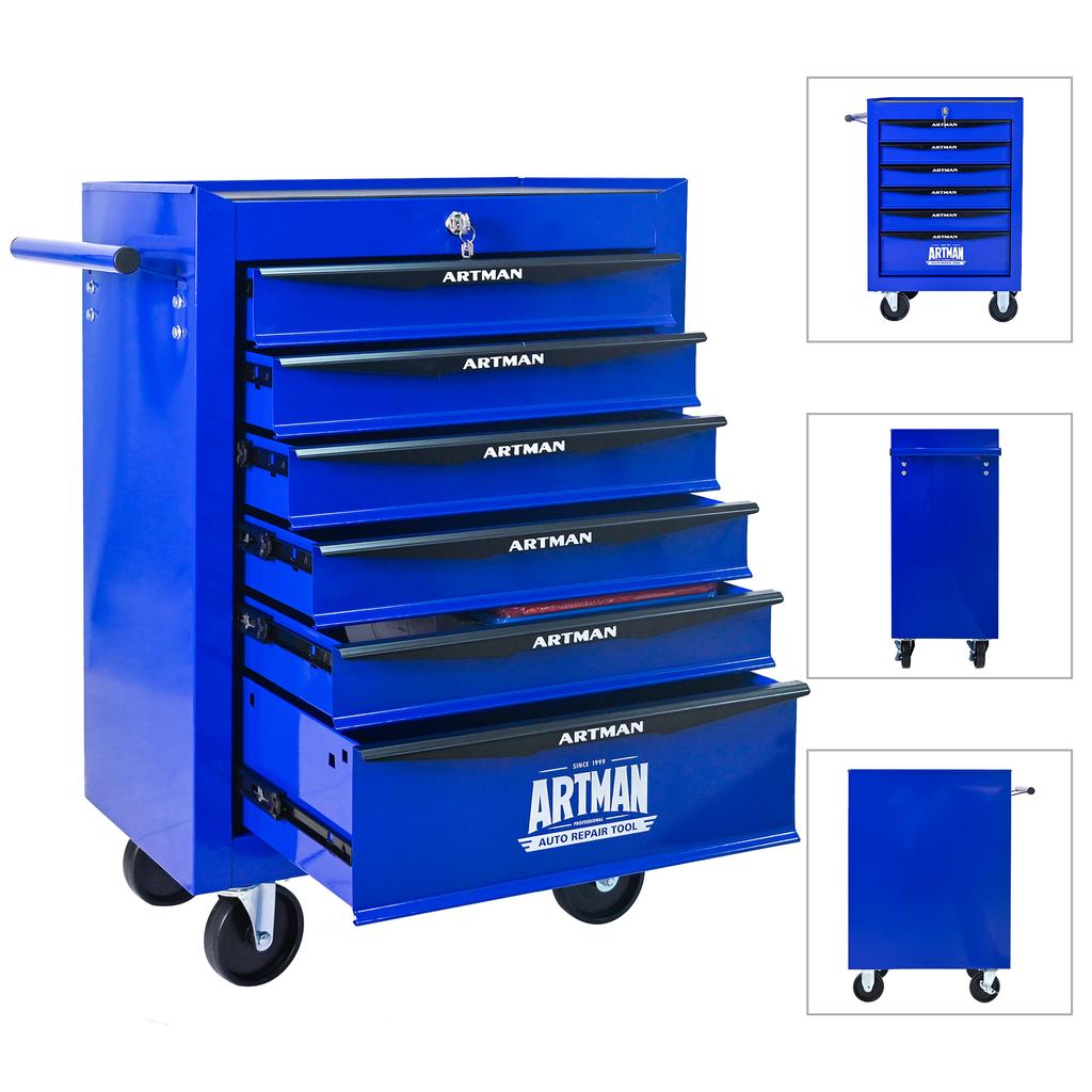 Mobile metal tool cabinet with 6 drawers, 508 mm (20 inch), ball-bearing drawer slides, organizing steel tool box – black-blue
