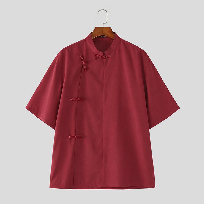 INCERUN Vintage Men Summer Stand Neck Short Sleeve Side Buttons Casual Traditional Style Shirts