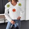 Women’s Cropped Top, Woven Knit, Large Lapel, Embroidered Floral Patchwork Pullover